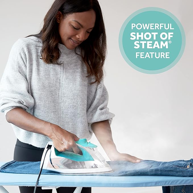 Sunbeam Turbo Steam Iron, 1400 Watt, Nonstick Ceramic Soleplate, Horizontal or Vertical Shot of Steam, Quick Heating, 3-Way Auto-Off, White and Chrome (Chrome/Teal)