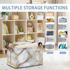 White Gold Marble Storage Baskets,Foldable Large Capacity Organizer Bins with Waterproof Lining and Leather Handles for Closet,Shelf,Bedroom 17x11.5x10Inch