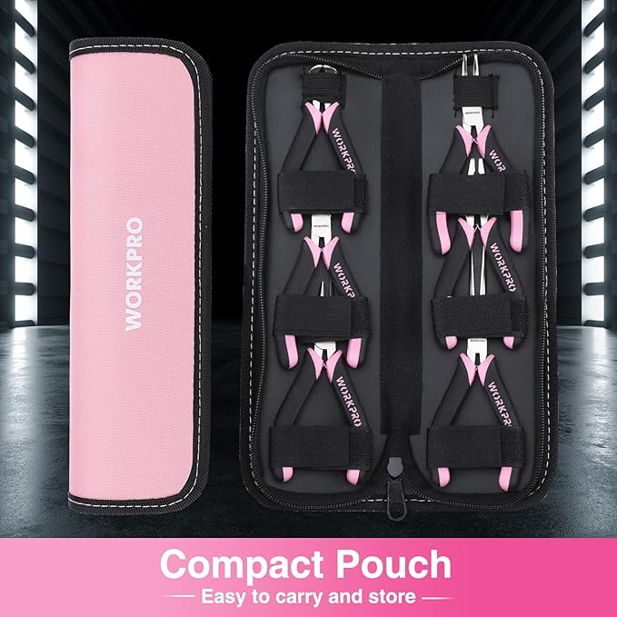 WORKPRO 6-Piece Mini Pliers Set, Needle Nose, Long Nose, Bent Nose, Diagonal, End Cutting and Linesman, for Crafts Work, Electronic Repair, with Pouch - Pink Ribbon
