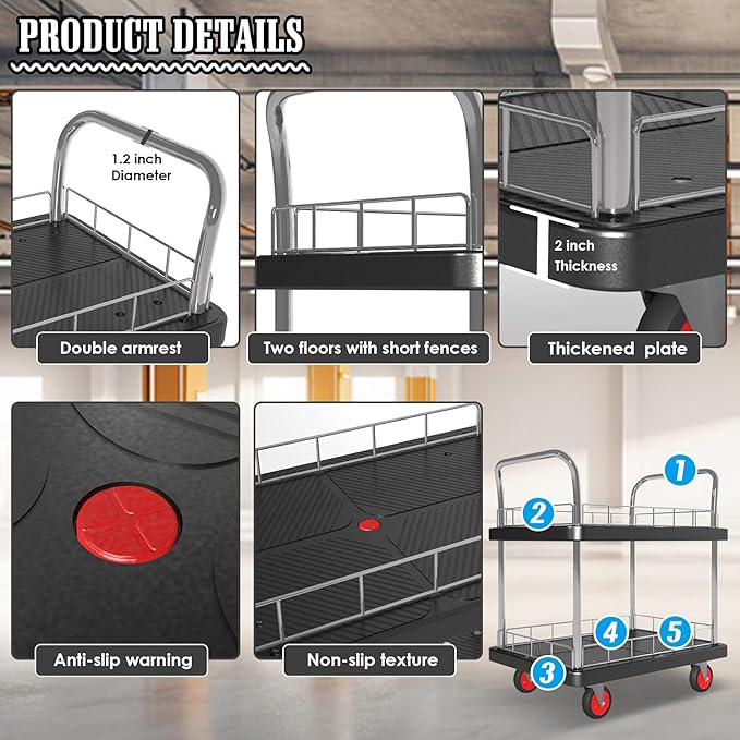 2 Shelf Utility Service Cart- 660lbs Capacity Heavy-Duty Plastic Rolling Utility Carts with 4 of 360° Swivel Wheels and Handle, Large Service Cart for Groceries,Warehouse,Garage 34.6''x 22.8''