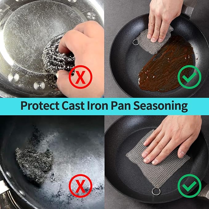 Cast Iron Cleaner 8 * 8" Upgraded Stainless Steel Chainmail Scrubber SJZSUNRUN 316L Metal Skillet for Pan, Camping, RV, BBQ, Baking, Vases, Barbecue Grill, Copper Cooker Cleaning