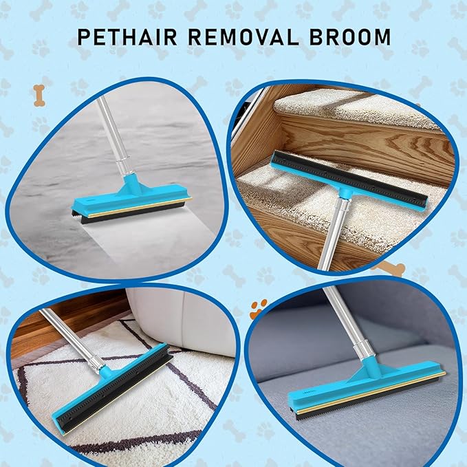 Carpet Rake for Pet Hair Removal Tool, Updated Reusable Pet Hair Remover with 56” Adjustable Long Handle, 2 in 1 Rubber Broom and Carpet Brush Scraper for Rugs, Mats, Couch, Furniture (2pcs)