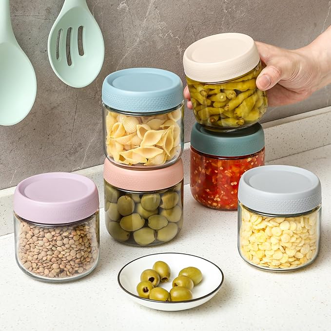NETANY 6-pack 10oz Glass jars with Airtight Lids, Overnight Oats Containers with Lids, Wide mouth Mason Salad jars, Glass Food Storage Containers for Snacks Yogurt Spice Sugar