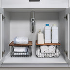 SunnyPoint Set of 2 Kitchen, Laundry & Pantry Storage Organizers – Stackable Bins with Acacia Wood Top, Large Trash Bag Holder & Standard Garbage Bag Dispenser (Acacia, BLK)