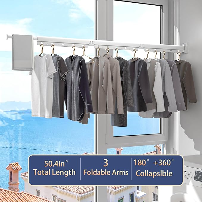 Clothes Drying Rack, Laundry Drying Rack Wall Mount for Bathroom, Retractable and Foldable Clothes Hanging Rack for Indoor, Space Saver for Laundry Room, Balcony, Closet, Bedroom(3-Fold),White