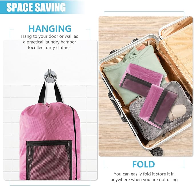 Laundry Bag Backpack,Olosar 2PCS Extra Large Travel Laundry Bag with Mesh Pocket & Adjustable Shoulder Straps,Dirty Clothes Travel Bag for College Students Dorm,Apartment(Pink)