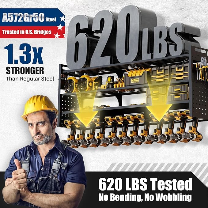 49'' W Power Tool Organizer Wall Mount | Large 620lbs Garage Storage Rack with 12 Cordless Drill Holder | 4-Tier Heavy Duty Metal Utility Shelf for Workshop Organization