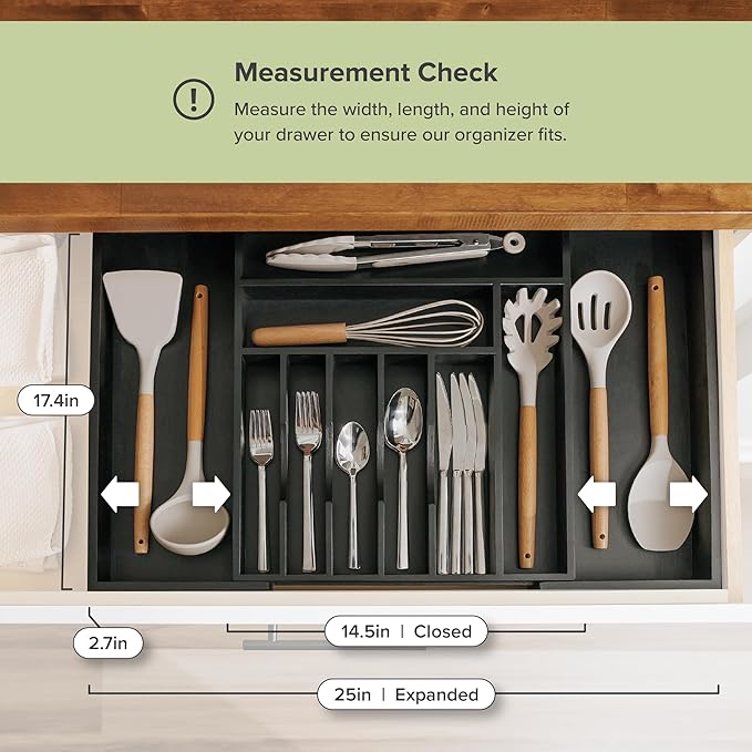 Premium Silverware, Flatware and Utensil Organizer for Kitchen Drawers, Food-Safe Contract Grade, Expandable from 14.5 to 25 In, Black Bamboo