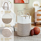 Laundry Basket,Woven Cotton Rope Laundry Hamper,Versatile Storage for Dirty Clothes,Baby Toys,and Blankets in Bathroom, Nursery,and Living Room (Brown, 80L)