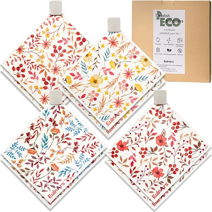 Swedish Dishcloths for Kitchen, 8 Pack Watercolor Reusable Paper Towels with Clips, Non-Scratch Swedish Kitchen Towels, Super Absorbent Cellulose Sponge Cloths, Dishwasher Safe, No Odor