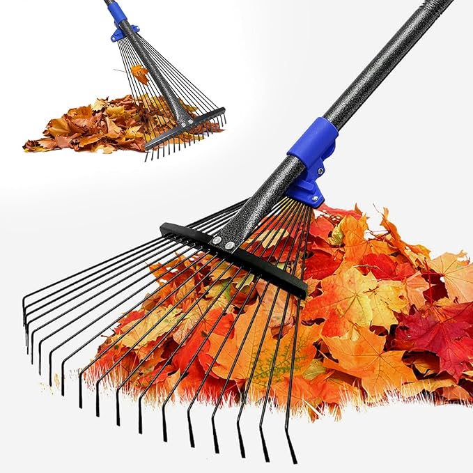 Heavy Duty Garden Leaf Rake-Adjustable Metal Rake with 8-17" Expandable Head,Yard Rakes for Leaves,Grass,Lawns,Shrubs,Flower Beds,Camping,Outdoor Cleanup,Ideal for Women & Kids