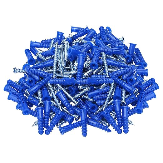 Ribbed Wall Anchors #10-#12 1-1/4-Inch with Screws 100-Pack, Blue, Plastic Anchor for Drywall/Concrete, Pan Head Phillips Screw Included