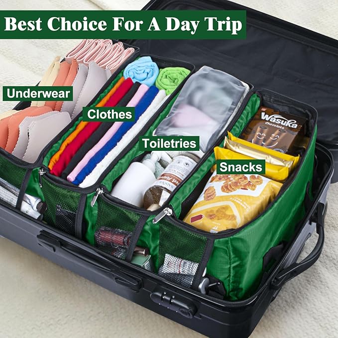 Suitcase Organizer - Carry On Closet Luggage Organizers Accessories - Foldable & Hangable Portable Hanging Travel Shelves with Shoulder Strap - Medium, Green