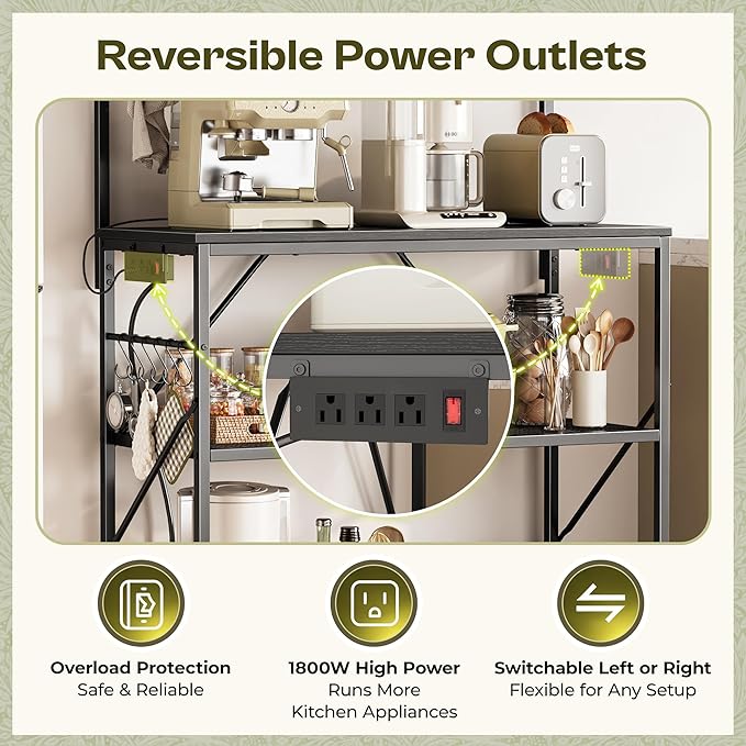 Huuger 4-Tier Bakers Rack with Reversible Power Outlet, 31.5 Inch Microwave Stand, Kitchen Bar, with Top Shelf, 6 S Hooks, Black