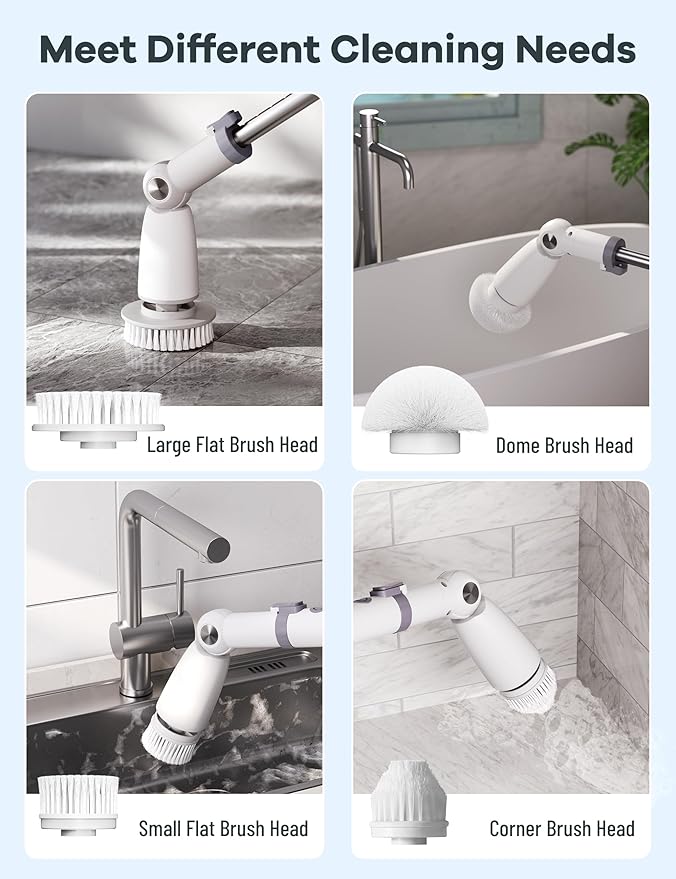 Electric Spin Scrubber,Floor Shower Scrubber with Long Handle Power Scrubber Dual Speeds,Cleaning Brush Cordless Scrub Brush with 3 Adjustable Angles,8 Brush Heads for Bathroom,Tile