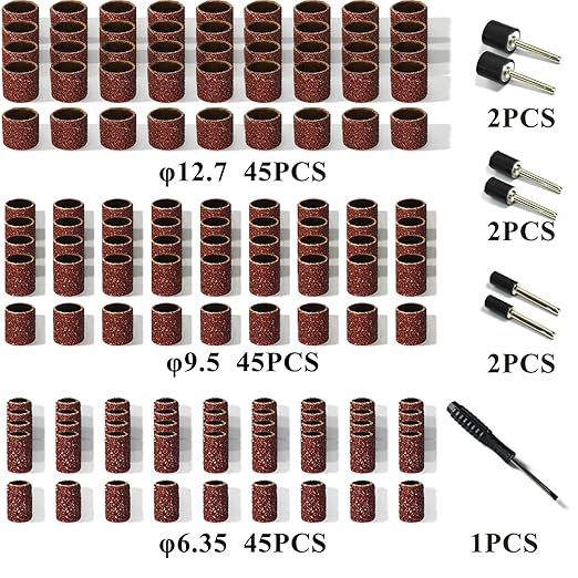 Asieg Tool Sanding Drum Kit 142Pcs 80Grit, 1/2" & 3/8" & 1/4" Diameter Drum Sanding Band with 3.17mm Shank Mandrels for Drill Dremel Rotary Tools Nails Drill