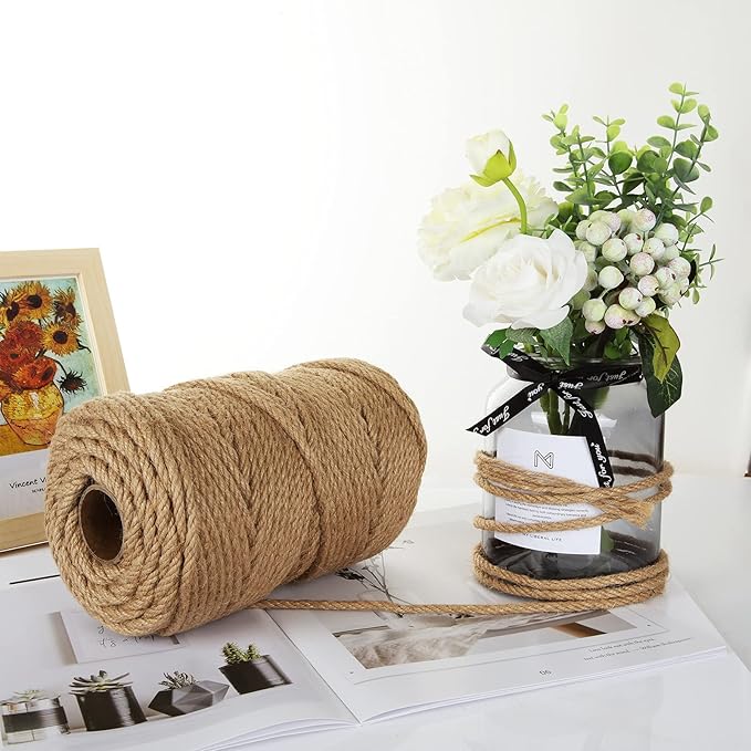 328ft Jute Twine 6mm 4-Ply Natural Thick Jute Rope 1/4' Heavy Duty Hemp for Cat Scratch Post, DIY Art Craft, Gardening, Home Decorating, Gift Wrapping