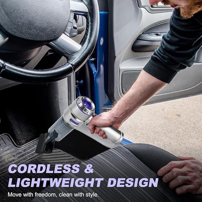 Handheld Car Vacuum Portable Cordless - 18000PA High Power with Brushless Motor, 4-in-1 Air Duster, Blower, Pump & Rechargeable Mini Vacuum for Car, Home, Office (Silver Grey+Blue)