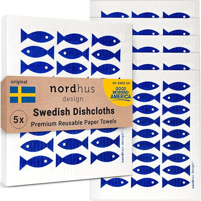 Nordhus Design Swedish Dishcloths,5 Fish Cloths, Made in Sweden - Reusable, Washable Cellulose Cotton Kitchen Cloths - Replace Paper Towels, Wipes, Sponges, Dish Rags