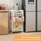 4-Tier Kitchen Storage Cart - Fruit Vegetable Storage Cart with Drawers, Wooden Top Metal Wire Kitchen Organizer and Storage Cart with Wheels to Storage Onions Potatoes Cans Snacks for Kitchen