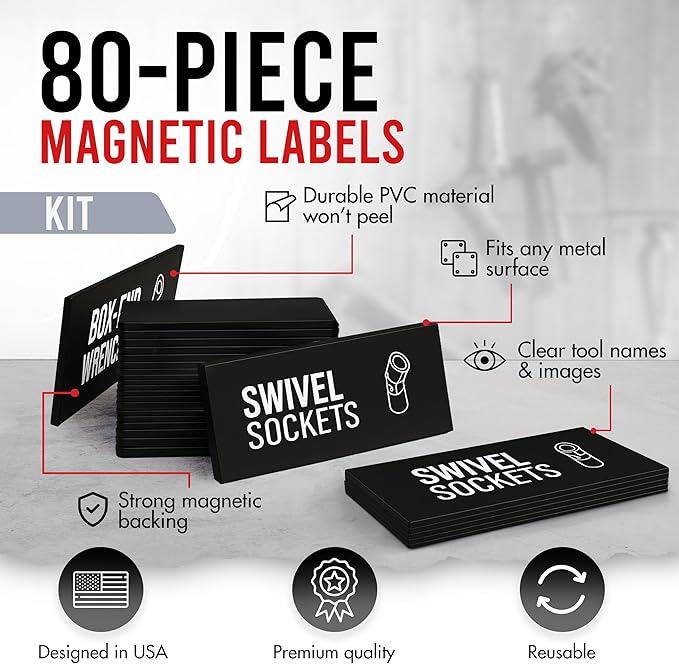 Toolbox Organization Magnetic Labels-80 Large Tool Chest Organizer Labels-Strong Magnets-Fits All Brands of Steel Tool Box Drawers(Black 3.125x1.0 in)