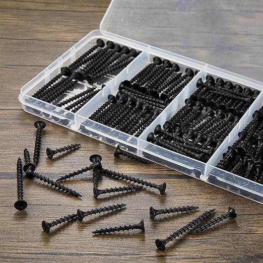 #6 Black Wood Screws for Drywall, Drywall Screw Combo Kit, 166 Pieces Coarse Threaded Slate Screw Set, Phillips Groove Self-Tapping Drywall Screws 4 Sizes 1", 1-1/4", 1-5/8", 2"