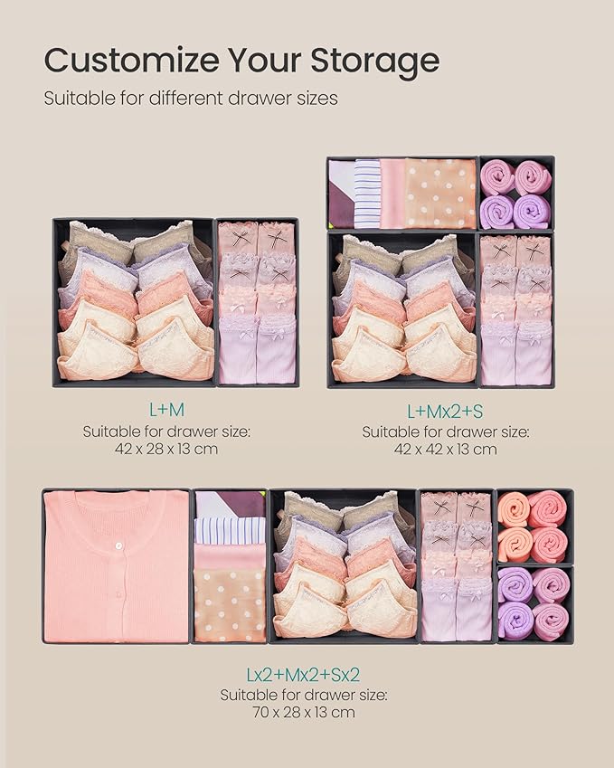 SONGMICS Drawer Organizer, Dresser Drawer Organizers, Set of 6, Foldable Fabric Storage Bins for Socks, Underwear, Bras, Ties, Scarves, Slate Gray URDZ06G