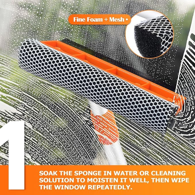 Squeegee for Window | 2-in-1 Window Cleaner Sponge and Soft Rubber Strip with Telescopic Extension Pole 18”-29” | Window Washer for Shower, Car Windshield, Mirror, Glass Cleaning