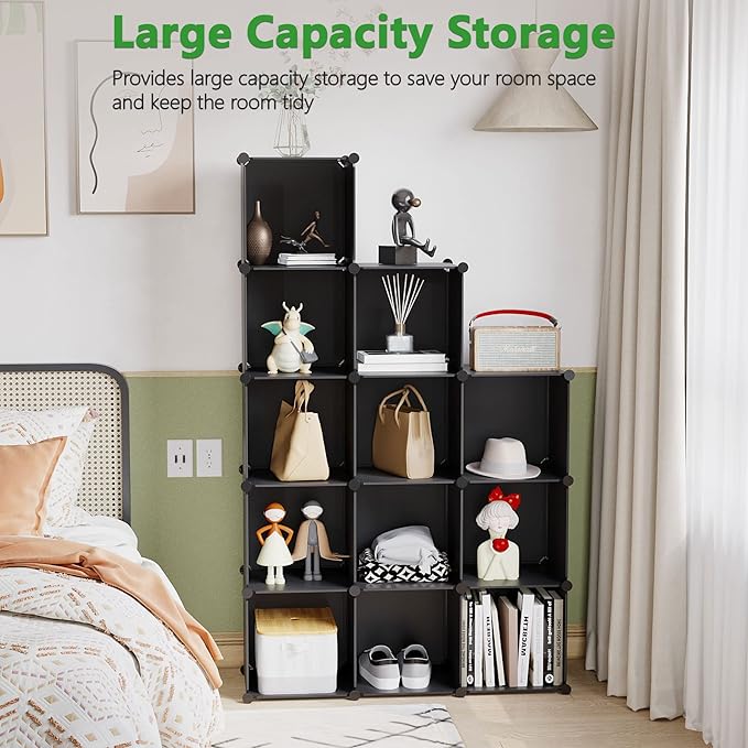 C&AHOME Cube Storage Organizer, 12-Cube Shelves Units, Closet Cabinet, DIY Plastic Modular Book Shelf, Ideal for Bedroom, Living Room, Office, 36.6" L x 12.4" W x 48.4" H Black SHS3012B