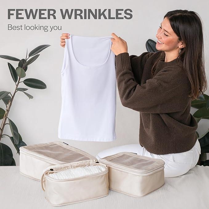 Compression Packing Cubes for Travel - Luggage Organizer Bags - Double Zipper Packing Cubes for Suitcases (2-Pack, Beige)