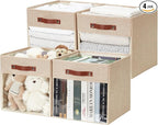 Storage Cube Organizer with Clear Window, Linen Collapsible Storage Boxes with PU Handles, Cube Storage Bins for Shelf, Closet, Cabinet, Bookcase (13x13x13, Khaki)