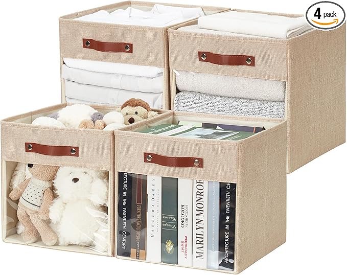 Storage Cube Organizer with Clear Window, Linen Collapsible Storage Boxes with PU Handles, Cube Storage Bins for Shelf, Closet, Cabinet, Bookcase (13x13x13, Khaki)