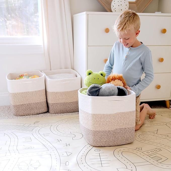NaturalCozy 13x15x13 Kallax Storage Cubes Bins, 3 Pack | Cotton Rope Cube Storage Bin Woven Baskets for Organizing | Kallax Insert Storage Baskets for Shelves Organizer, Kids Toy, Closet Baby Nursery