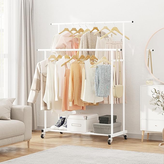 Calmootey Double Rod Clothing Garment Rack,Rolling Hanging Clothes Rack,Portable Clothes Organizer for Bedroom,Living Room,Clothing Store,White