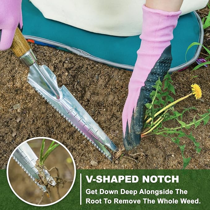 Haliaeetus Multi-Use Weed Trowel, Stainless Steel Dandelion Fork Puller, Serrated Edges Manual Weed Puller for Quick Cutting and Weeding, Garden Weed Trowel with Measuring Scale for Planting, Digging
