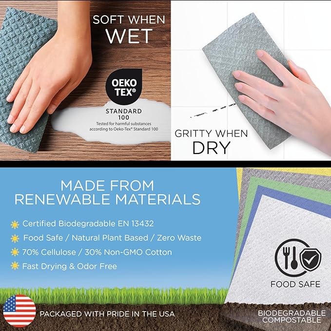 LOLA Wowables XL Swedish Dishcloths, 12 Reusable Eco Cleaning Cloths, 11" x 10", Ultra Absorbent Cellulose Sponge Towel, Compostable, Made in Germany
