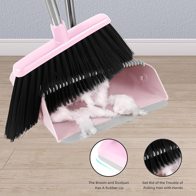 Broom and Dustpan Set, 54” Long Adjustable Handle Broom with Dustpan Combo Set Heavy Duty with Dust Pan Teeth to Clean Hair for Home Lobby Office (Medium Pink)
