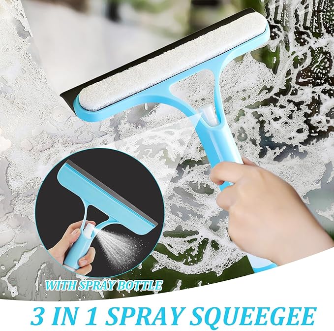 3 in 1 Window Squeegee with Sprayer, 3Pcs Spray Squeegee for Window Cleaning, All Purpose 3 in 1 Windows Cleaning Scraper, Glass Scraper Cleaner Tool for Car Home Windows Mirrors
