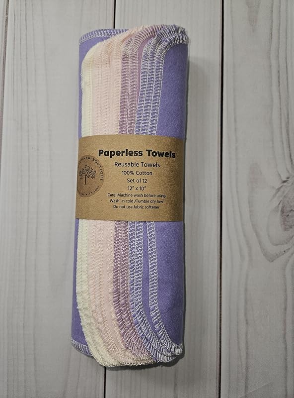 Paperless Towels, 12-12" X 10" Washable Paper Towels, Reusable Paper Towels, 100% Cotton (Lavenders)