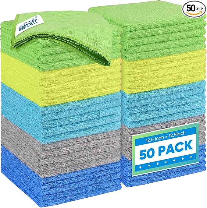 HOMEXCEL Microfiber Cleaning Cloth 50 Pack, 12.5 x 12.5 inch Microfiber Towels for Cars, Ultra Absorbent Car Washing Cloth, Lint Free Streak Free Cleaning Rags for Car, Kitchen, and Window, Multicolor