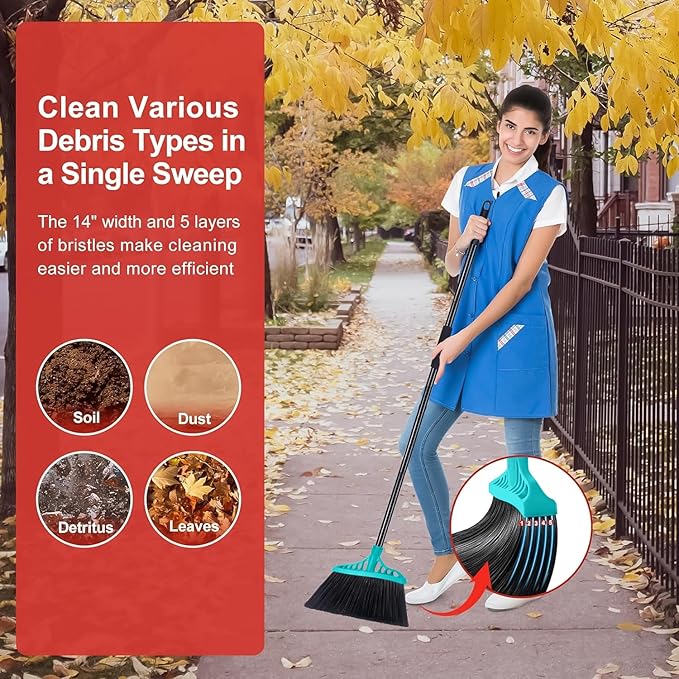 Outdoor Broom for Floor Cleaning, Heavy Duty Brooms with 55" Long Handle, Angle Brooms for Concrete Courtyard Home Patio Kitchen Shop Lobby Patio Lawn - Blue