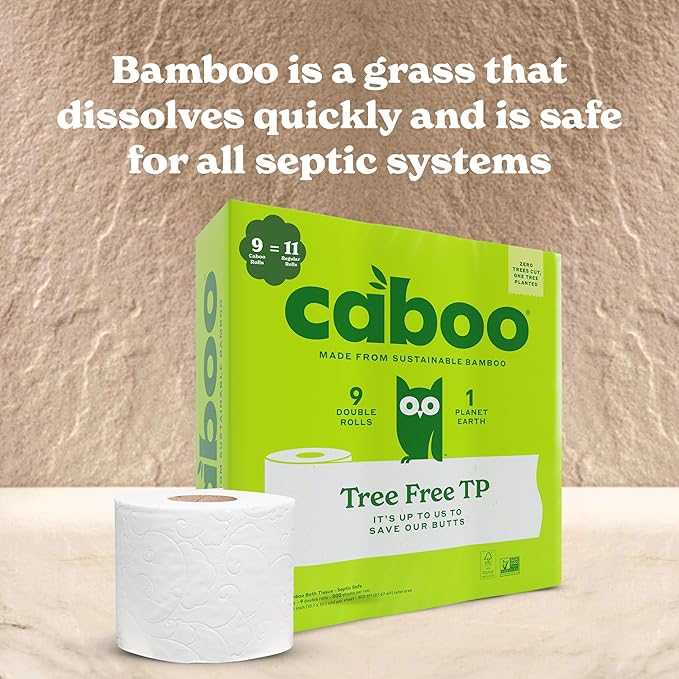 Caboo Tree Free Toilet Paper, Septic Safe Bath Tissue, Quick Dissolving 2 Ply Sheets - 300 Sheets Per Roll, 9 Double Rolls