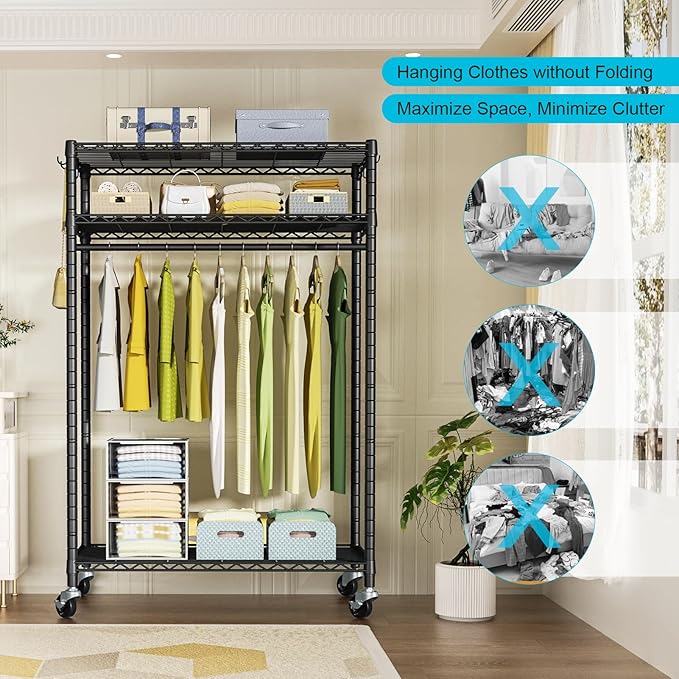 P3 Plus Rolling Clothes Rack, Clothing Racks for Hanging Clothes, Heavy Duty Garment Rack with Wheels, Freestanding Portable Closet Rack 45" W x 14" D x 78.5" H, Max Load 480 LBS, Black