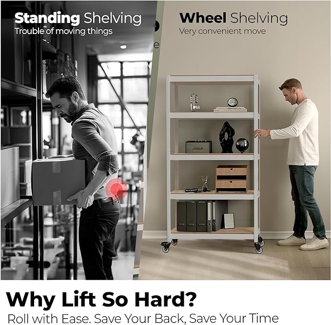 HOMEDANT House White 5-Tier Metal Rolling Cart Shelf Rack Casters Heavy Duty Wheel Shelving Unit Adjustable Utility Storage Shelves Organizer Shelf Kitchen Garage 36.2" W x 16.5" D x 69.5" H 2Pack