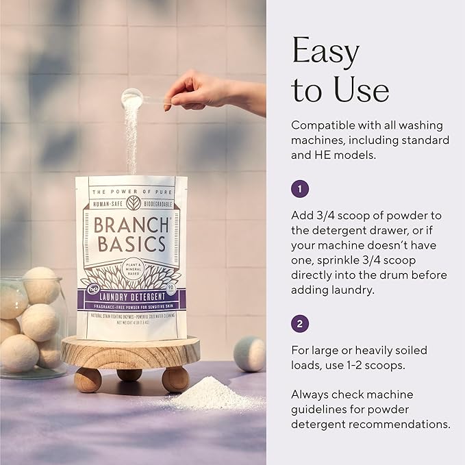 Branch Basics Laundry Detergent – 2 Pack, 4lbs per | Plant & Mineral-Based Formula | Lifts Stains & Removes Odor | Plastic-Free, Fragrance-Free & Safe for Sensitive Skin