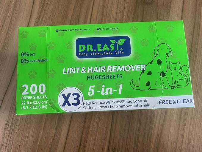 Dr.Easy LINT & HAIR REMOVER Pet HUGESHEETS with 3X Dryer Sheets, Free & Clean, 200 Count,PLANT&MINERAL-BASED FORMULA
