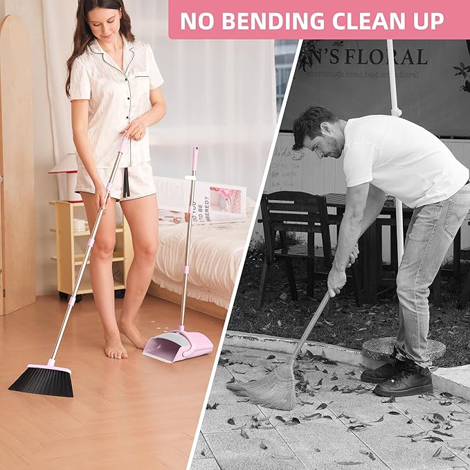 Pink Broom and Dustpan Set, 52” Long Adjustable Handle Broom with Dustpan Combo Set with Dust Pan Teeth to Clean Hair for Home Lobby Office