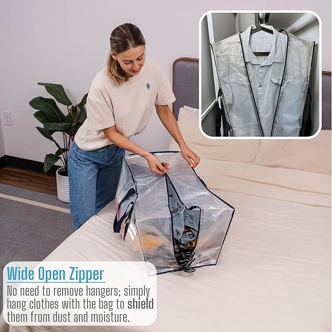 VENO 10 Pack Moving Bags Plastic Storage Totes Clothes Organization Large W Lid/Zipper. Packing Boxes/Bins Alternative. Space Saving Foldable College Supplies Essentials (Clear, 10 Pack)