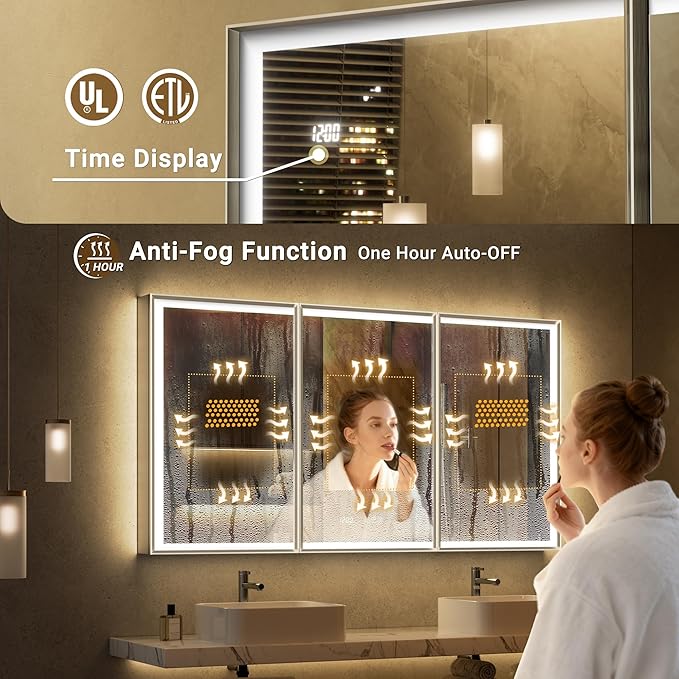 60x30 Lighted Medicine Cabinet with Mirror, Beveled Brushed Nickel Framed Surface or Recessed Fogless Dimmable LED Medicine Cabinet with Outlet, Time Display and Sensor Inner Light