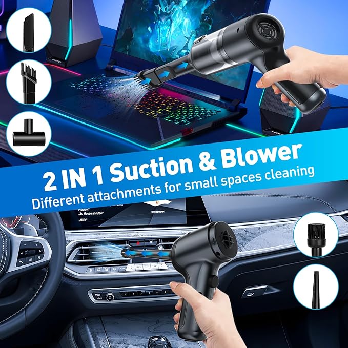Mini Vacuum Cleaner, 120W High Power Handheld Car Vacuum Cleaner, 2 in 1 Air Duster and Hand Held Vacuum Portable Cordless, Rechargeable Small Vacuum for Car, Home, Office, Pet（Black）